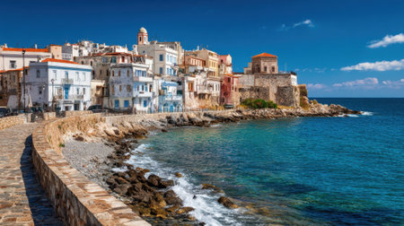 A picturesque coastal town features charming buildings in pastel colors along a rocky shoreline. Waves gently lap against the stones, creating a peaceful atmosphere on a sunny day.の素材