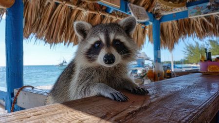 A curious raccoon leans over a wooden bar at a seaside location under a thatched roof. The clear blue water sparkles in the background during a sunny day.の素材
