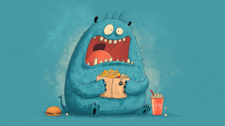 A cheerful blue monster sits on a bright background, happily munching on popcorn and holding a burger. This playful character radiates joy, perfect for a kids' theme or animation.の素材