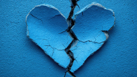 A heart-shaped crack appears on a blue wall, highlighting the contrast between art and decay. This striking detail captures the essence of urban creativity and resilience.の素材