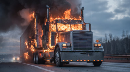 A semi-truck is ablaze on the highway as flames and smoke billow into the sky. It creates a hazardous situation, obstructing traffic and alarming nearby drivers during dusk.の素材