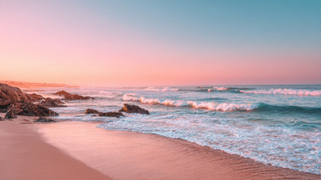 Soft waves lap against the shore as the sun sets, casting warm colors across the sky. Rocky outcrops frame the peaceful scene, creating a tranquil atmosphere at dusk.の素材