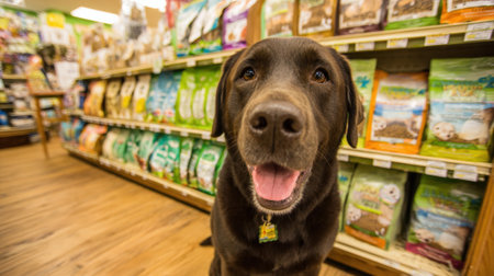 A cheerful brown dog stands in a pet store aisle, surrounded by colorful bags of pet food and treats. The dog looks excited and curious, enjoying the vibrant selection.の素材