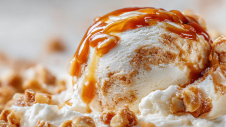 A creamy scoop of vanilla ice cream sits on a bed of whipped cream and is drizzled with warm caramel sauce. Crunchy nuts add texture, creating a tempting dessert display.の素材