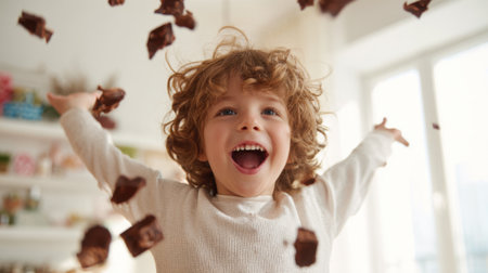 A young boy with curly hair joyfully celebrates as chocolate pieces swirl around him in a bright indoor setting. The room has a cheerful and vibrant atmosphere.の素材