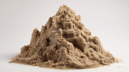 A detailed sand sculpture showcases a large temple-like structure with stairs and ornate features, highlighting skillful craftsmanship and artistic creativity.の素材