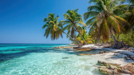 A beautiful tropical beach features clear turquoise water gently lapping at a sandy shore lined with tall palm trees. The bright blue sky enhances the tranquil scenery.の素材