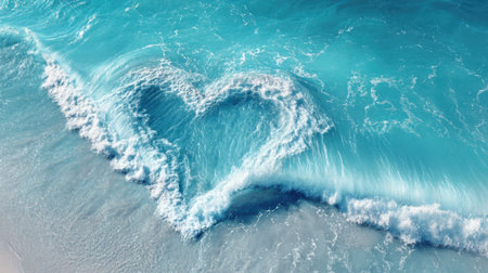 Bright blue waves crash onto a sandy beach, creating a heart shape in the water. The scene is peaceful and captures the beauty of nature on a sunny day.の素材