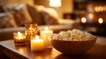 A warm and inviting living room features a bowl of popcorn on a wooden table with flickering candles nearby, creating a cozy atmosphere perfect for a movie night.の素材