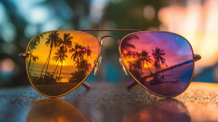 Reflections of a colorful sunset and palm trees shimmer in sunglasses placed on a table at the beach. The warm light creates a serene atmosphere for relaxation.の素材