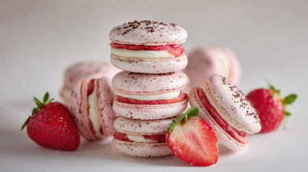 A stack of pink macarons filled with creamy strawberry filling is surrounded by fresh strawberries. The soft colors create a charming and inviting scene perfect for dessert lovers.の素材