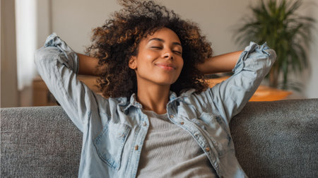 A young woman with curly hair is seated comfortably on a gray sofa. She appears and relaxed happy, enjoying a peaceful moment in her bright, cozy living room.の素材