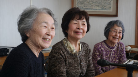 Three elderly women smile happily as they engage in conversation during a casual meetup in a warm, inviting room. Their joyful expressions reflect years of friendship and shared memories.の素材