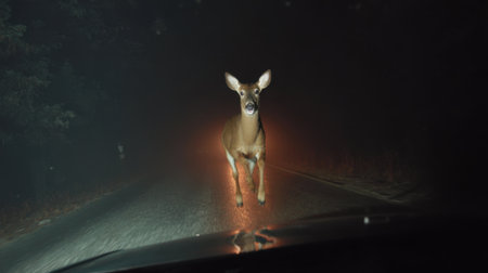 A deer appears suddenly in the middle of a foggy road at night. The headlights illuminate the scene, creating an eerie atmosphere as the animal stars ahead, motionless and alert.の素材