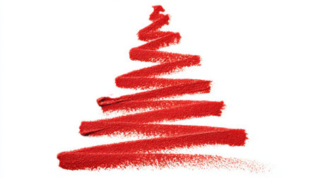 Bright red brush strokes are arranged in a Christmas tree shape against a plain white background, symbolizing creativity and holiday spirit during the festive season.の素材