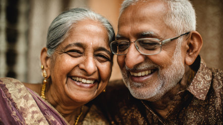 Elderly couple sits close together, beaming with happiness. They share a special moment filled with laughter and joy, surrounded by cozy surroundings that enhance their bond.の素材