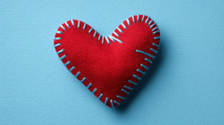 A bright red heart made from fabric with blue stitching sits on a light blue surface. This handmade item adds warmth and charm, ideal for decor or gifts on special occasions.の素材