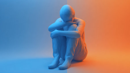 A human figure sits on the ground with knees drawn up and head resting on arms. The scene is set with contrasting orange and blue lighting, evoking feelings of introspection and solitude.の素材