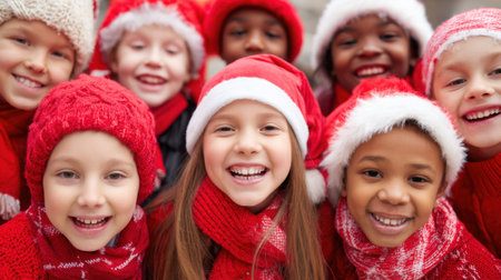 A lively group of children dressed in red and white festive clothing gathers outdoors, smiling joyfully as they embrace the Christmas spirit together. Their happiness radiates in the chilly air.の素材