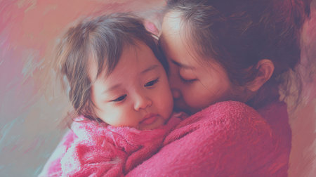 A mother hugs her baby closely in a soft, colorful blanket, creating a serene atmosphere. The warmth of their bond is evident in this intimate moment shared indoors.の素材