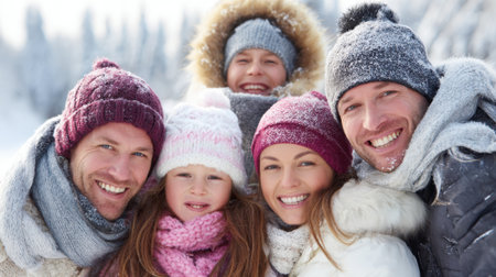 Five people outdoor gathers on a snowy day, sharing happy moments together in warm hats and scarves. Their smiles show the joy of winter fun and togetherness.の素材
