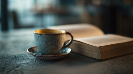 A warm cup of coffee rests on a saucer beside an open book, creating a cozy atmosphere. The scene captures the essence of relaxation in a charming cafe.の素材