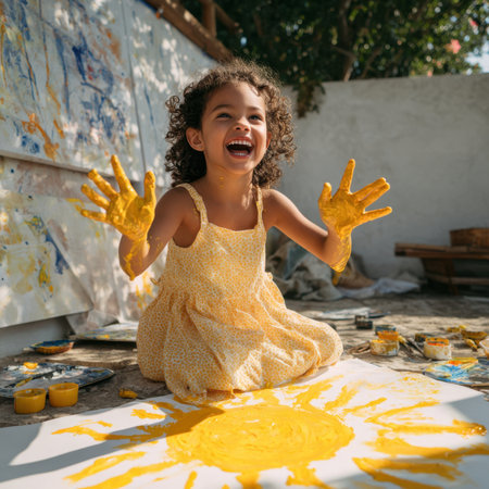 A cheerful girl with curly hair sits on the ground, laughing as she creates a sunny artwork with her hands covered in yellow paint. She is surrounded by colorful paint containers and artworks.の素材