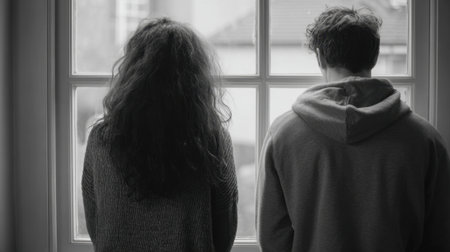 Two people stand back to back, gazing out a large window as rain falls outside. The atmosphere is quiet and reflective, creating a mood of contemplation and connection.の素材
