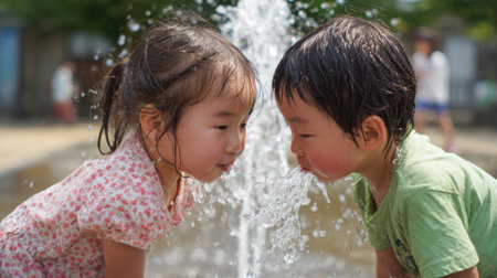Two young children lean toward each other, laughing as water sprays from a fountain in a lively park. The sun shines brightly, creating a joyful atmosphere for their play.の素材