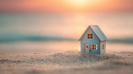 A small blue house sits on soft sand as the sun sets over the ocean. Warm colors fill the sky, reflecting on the water. This peaceful scene captures a moment of tranquility by the shore.の素材