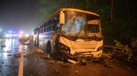 A bus is heavily damaged after crashing during a storm on a highway. Rain pours down as emergency services respond to the scene, clearing debris and assessing the situation.の素材