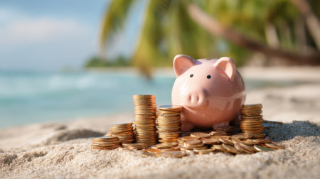 On a sunny beach, a piggy bank sits among piles of shiny coins. The turquoise water and palm trees create a tropical backdrop, evoking relaxation and financial dreams.の素材