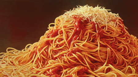A mound of spaghetti sits invitingly on a plate, generously covered with vibrant tomato sauce and a sprinkle of gratified cheese, creating an appetizing display for pasta lovers.の素材