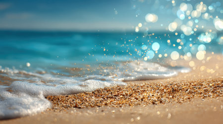 Sunny beach scene showing crystal clear waves touching the shore. The sunlight creates a shimmering effect on the water, enhancing the beauty of the sandy coast.の素材