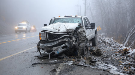 A truck is severely damaged after an accident on a foggy mountain road in winter. Surrounding trees are bare, and visibility is low due to heavy fog.の素材