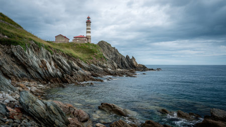 Waves crash against rugged rocks while a lighthouse stands tall on the cliffs. Dark clouds loom above the horizon, creating a dramatic coastal scene.の素材