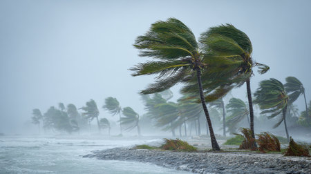 Trees bend as powerful winds and rain batter the coastline, creating rough waves and a dramatic atmosphere. This intense weather shows nature's force.の素材