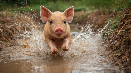 A playful piglet splashes through a muddy puddle, leaping with excitement. The scene captures the vibrant green grass around it under clear blue skies, highlighting the joy of farm life.の素材