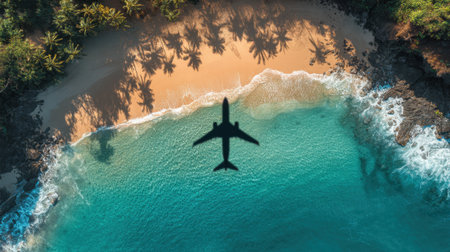 An airplane casts a shadow over a stunning beach with golden sand and clear blue water. Lush palm trees frame the scene, creating a perfect tropical setting on a sunny day.の素材