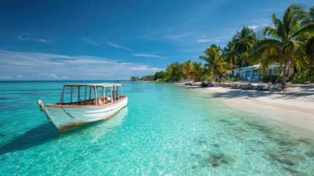 A wooden boat floats in the clear, turquoise waters close to a sandy beach lined with palm trees on a bright sunny day. A peaceful tropical scene invites relaxation and adventure.の素材