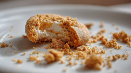 A freshly bitten cookie lies on a white plate, surrounded by scattered crumbs. The scene captures a sweet treat moment perfect for dessert lovers.の素材
