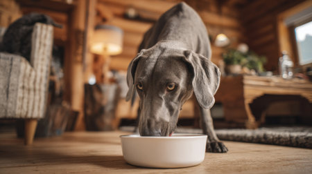 A gray dog is happily eating from a white bowl placed on a wooden floor. The room features rustic decor with warm lighting, creating a comfortable atmosphere.の素材
