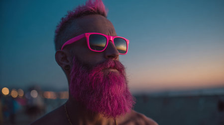 A man stands on the beach wearing bright pink sunglasses and has a matching pink beard. He gazes at the sunset, reflecting on the day. The beach atmosphere is vibrant and warm.の素材