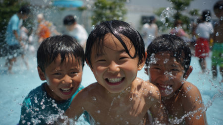 Three happy boys smile widely while splashing in a sparkling pool on a sunny day. Kids are playing and enjoying the water in a vibrant, cheerful atmosphere.の素材