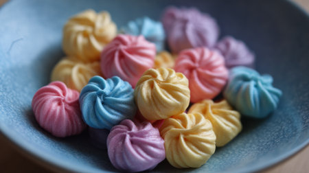 A blue bowl filled with assorted meringue candies in pastel colors sits on a wooden table. The delicate treats display shades of pink, yellow, and blue, inviting a sweet taste.の素材