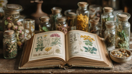 An open vintage book displays colorful illustrations of herbs and flowers, surrounded by glass jars filled with dried plants. The setting suggests a cozy, natural workshop.の素材