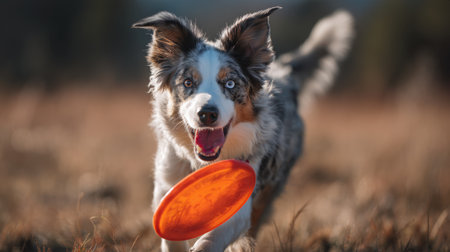 A playful dog with distinctive markings runs joyfully through a grassy field, eagerly chasing a bright orange frisbee. The sun sets in the background, creating a warm glow.の素材