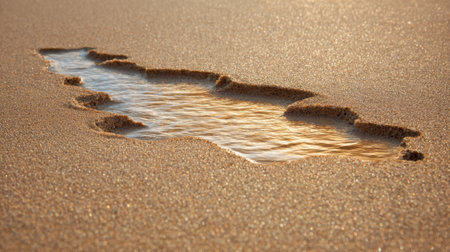 A small pool of water rests in intricate patterns on the sandy beach as the sun sets. The golden light reflects off the water, enhancing the tranquil scene of nature's artistry.の素材