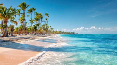 A serene tropical beach features soft white sand and gentle waves lapping at the shore. Tall palm trees sway in the breeze under a sunny sky, creating a peaceful atmosphere.の素材
