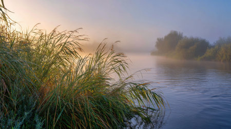 Soft fog envelops the riverbank as the sun rises, creating a peaceful scene with lush grass and gentle water reflections. Nature awakens in calm tranquility.の素材